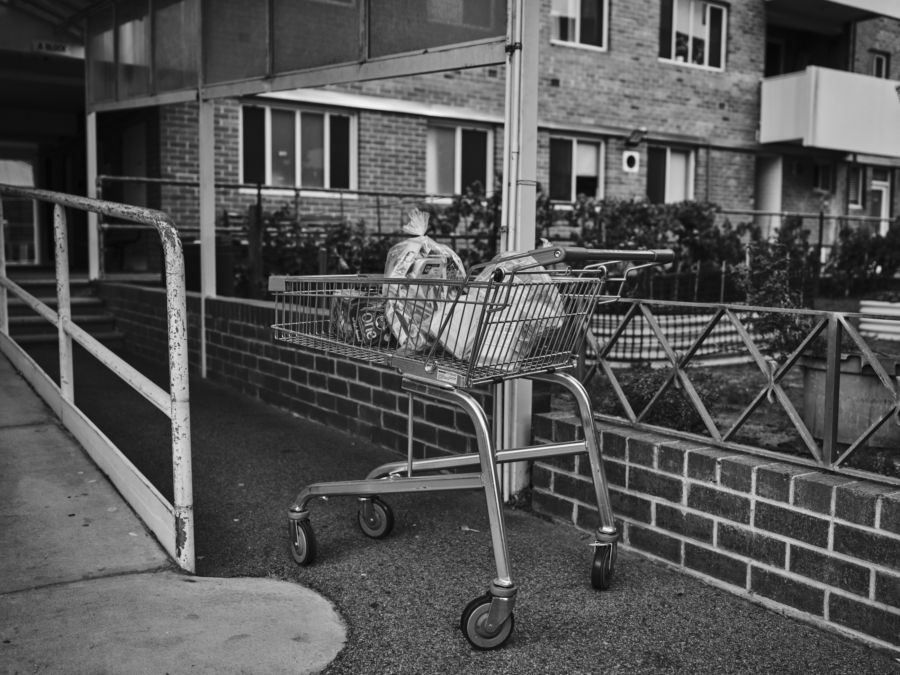 Duncan Wright: A trolley with a resident's Foodank deliveries, 2023