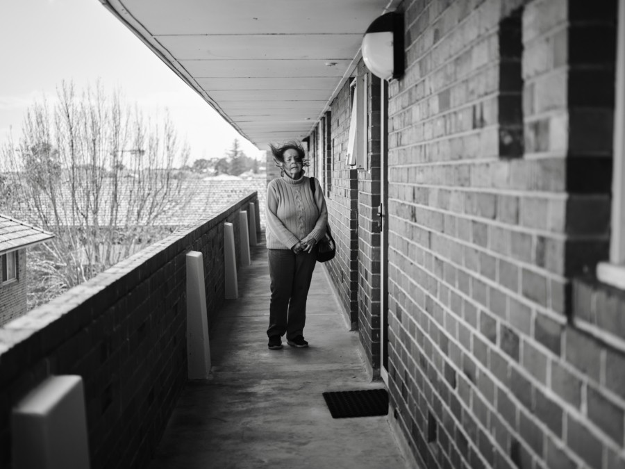 Duncan Wright: A gust of wind (Elly outside her apartment, Wandana Resident, 5 years), 2022